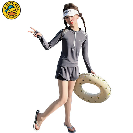 G.DUCKKIDS girls' split long-sleeved swimsuit, fashionable new style, children's swimsuit for big children and little girls, internet celebrity sun protection sports suit, purple pink 150 cm