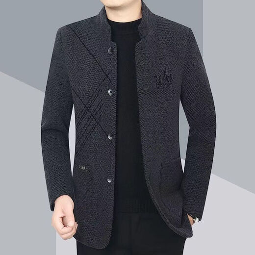 FELALWEN autumn and winter coat stand collar jacket business temperament casual winter men's slim stand collar tunic jacket gray 2XL 130-145Jin Jin equals 0.5 kg