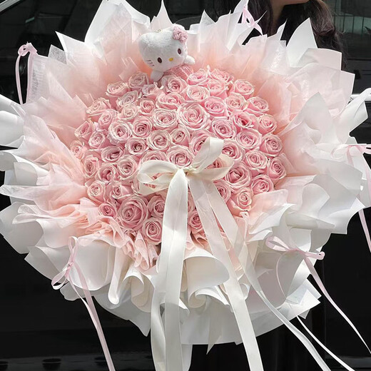 Flowers, love roses, birthday bouquets delivered in the same city, Hello Kitty cat, girlfriend, wife, best friend gift, Hello Kitty 52 pink roses, delivered in the same city to your home - date available