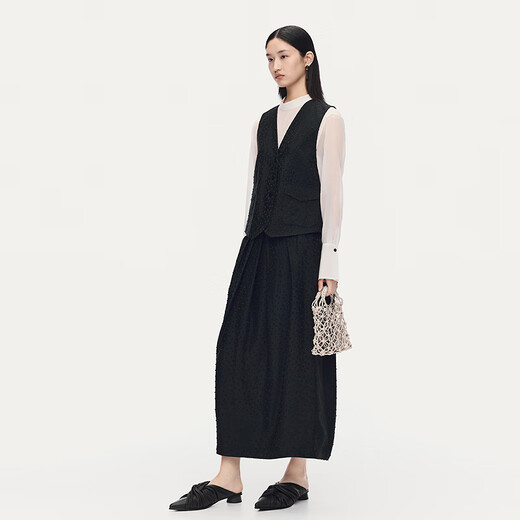 AUM Easy Suit 2025 Autumn New Jacquard Texture Slim Black Vest Skirt Women Dark Gray Skirt S