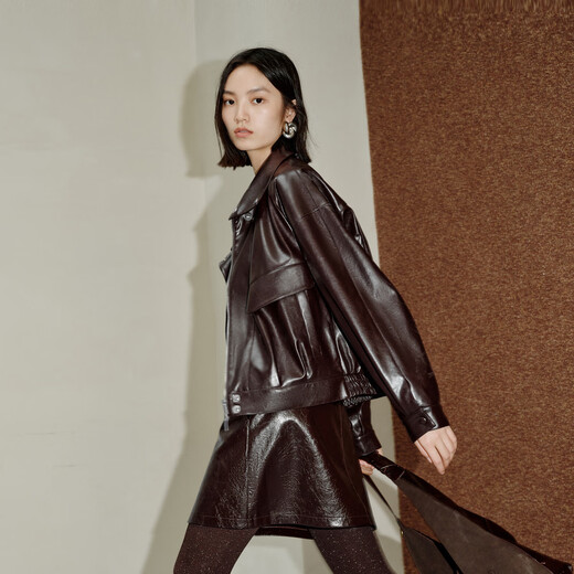 PEACEBIRD Show Style Metal Wire PU Profile Jacket Women 25 Fig Purple Leather Jacket A1BBF3525 Fig Purple S 155