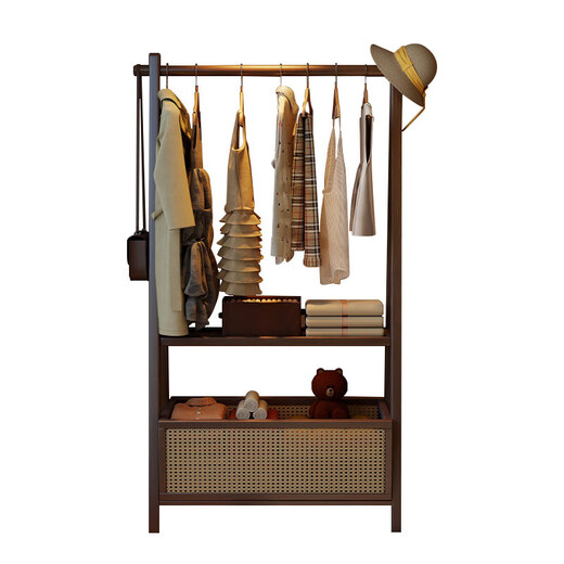 Thorough medieval coat rack floor-standing bedroom home clothes rack multi-functional storage rack removable simple clothes rack walnut color 60CM-with wheels