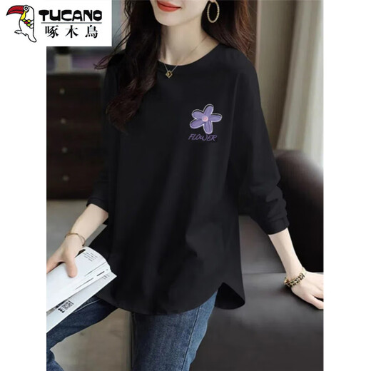 Woodpecker (TUCANO) pure cotton long-sleeved T-shirt for women 2026 new belly-covering slimming top mid-length curved hem autumn coat for women to wear white M 80 to 100 Jin Jin is equal to 0.5 kg
