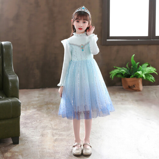 Girls Elsa Princess Dress Spring and Autumn 2025 New Children's Knitted Sweater Dress Thickened Autumn Girls Skirt 2517 Blue 160