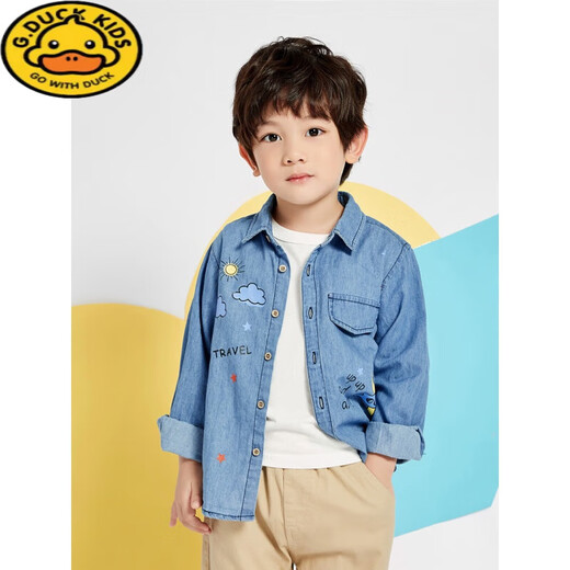 G.duck Boys Denim Shirt Pure Cotton 2026 Spring Children's Lapel Shirt Western Style Korean Baby Jacket Spring and Autumn Clothes Dark Denim Color 100 Suitable for Height 90-100cm Age 3-4 Years Old