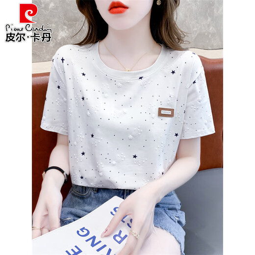 Camiseta de manga corta con estampado de algodón puro de Pierre Cardin, ropa de verano para mujer 2025, nuevo diseño suelto que cubre el vientre, camiseta versátil, tendencia superior 1396 Blue Meteor + W7274 Dandelion S adecuado para 80-99 Jin Jin equivale a 0,5 kg