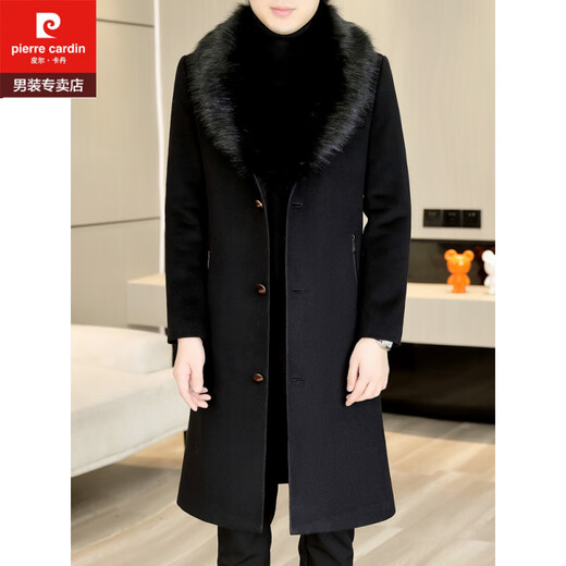 Pierre Cardin autumn and winter men's extended length knee-length woolen coat jacket trendy business men's thickened fur collar woolen windbreaker black XL