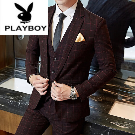 Playboy (PLAYBOY) Spring and Autumn Plaid Suit Suit Men's Korean Slim Suit Youth Casual Wedding Dress Jacket Gray (Suit+Trousers+Vest) + Tie 2XL