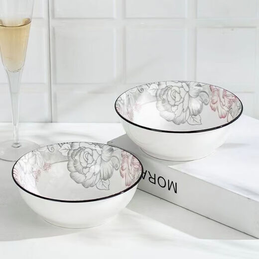 Ceramic soup bowl, large thickened Chinese tableware, rice bowl, rich peony bamboo hat bowl, 2 pieces (without spoon)