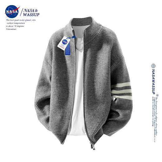 Nasawassup official trendy brand co-branded sweater men's autumn and winter retro stand-up collar striped cardigan zipper contrasting color men's sweater worsted gray XL (recommended 130-150Jin Jin equals 0.5 kg)