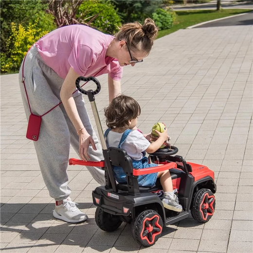 Zhouzhou Che's new children's electric car four-wheeled off-road vehicle remote control children's baby toy car men and women can sit on rechargeable red push handle remote control dual drive + Bluetooth music + leather