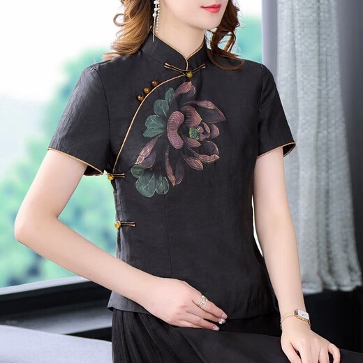YUSENYI T-shirt Cloud de parfum de soie haut de gamme pour femmes chinois Cracked Cheongsam pour les femmes 2023 Nouvelle mère d'été courte 9923 [Les perles de poitrine noires sont noires à une taille xl