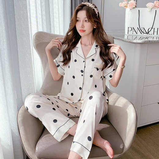 Heimkleidung High-End 3892 ICE SILD SOMMER Pyjamas kann mit kurzen Ärmeln am Außenherbst-Women's Polka Dot Drei-teiliger Set New Style White Polka Dot mit Brustpolster m getragen werden