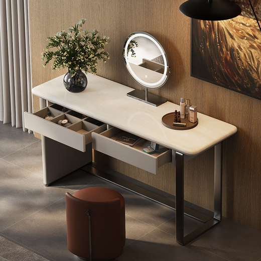 Jiajiahuan 2025 new Italian minimalist master bedroom dressing table with mirror marble bedroom high-end light luxury dressing table 0.8 meter dressing table + stool + mirror / Kari ice jade / gray titanium
