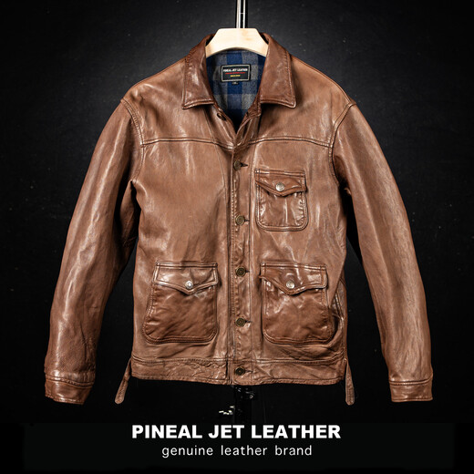 PJL Spring New Top Layer Sheepskin Men's Ready-to-Wear Heavy Washed Retro Distressed Lapel Single Leather Three Pocket Hunting Suit Dark Brown S (125Jin Jin is equal to less than 0.5kg)