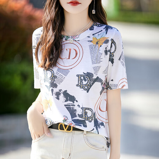 Qingying mulberry silk ink printing short-sleeved T-shirt for women in 2025 summer new round neck fashion design top trend D home print 838 M