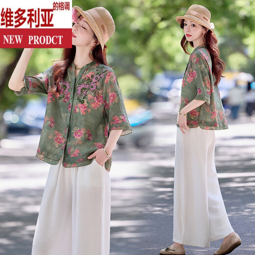 维多利亚的格调中式刺绣印花亚麻套装女2025夏款贵气感御姐宽松减龄轻奢两件套裤 绿色 M