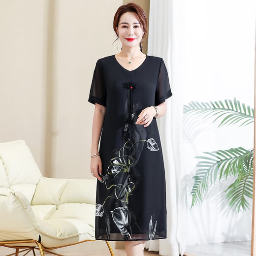 Kuzhang (KUZHANG) mamá gorda vestido cheongsam de verano falda de gasa de verano talla grande 2025 nuevas mujeres de mediana edad estilo de verano temperamento 6628 negro 7XL recomendado 170-180 Jin Jin es igual a 0,5 kg