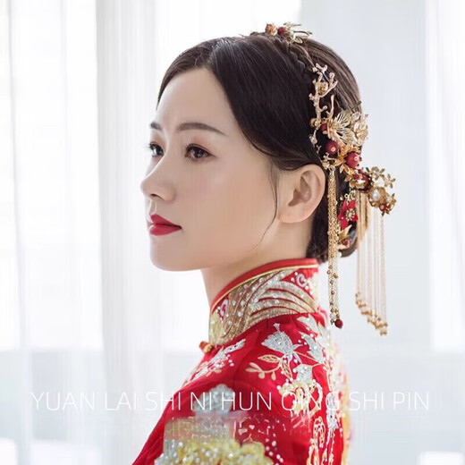 MHFDO old Phoenix Swarovski zirconium bridal Xiuhe clothing headdress simple style phoenix hairpin phoenix crown hair accessories wedding ceremony model headdress set (ear acupuncture style)