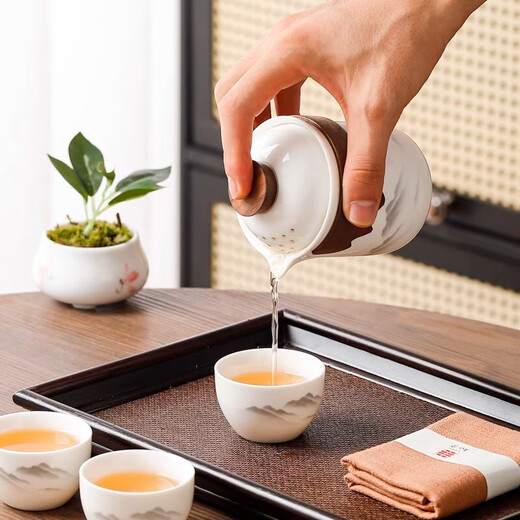 White porcelain travel kung fu tea set portable outdoor quick cup companion gift customization distant mountain travel tea set one pot three cups with bag