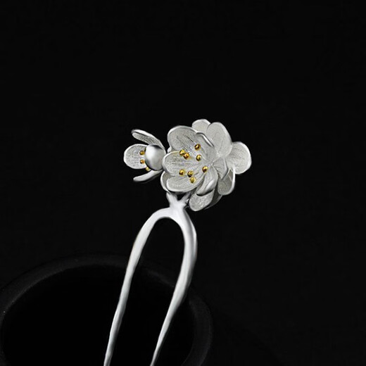 KZD Old Phoenix 999 sterling silver silver hairpin double flower U-shaped hairpin ancient style replica hairpin headdress for women white light peach blossom