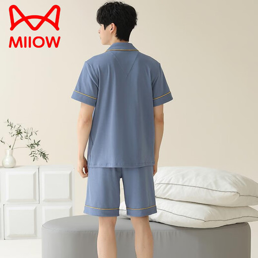 猫人（MiiOW）睡衣男士夏季纯棉短袖短裤开衫薄款大码纯色休闲家居服套装 蓝绿色12801【100纯棉】 L 【建议100-120斤穿】