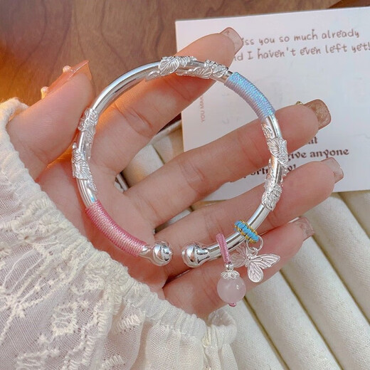 BMOI Old Phoenix 999 Pure Silver Flowers Bracelet Women's Bracelet Safety Lock Bracelet Young Style for Girlfriend Pair of Pearls Flowers Girly Powder + KT Cat 30g