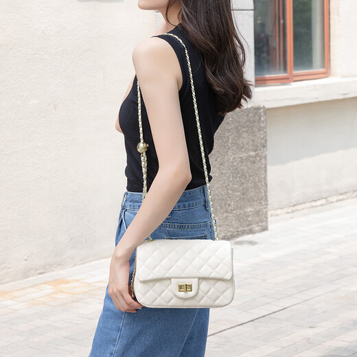 Bian Niao Bolso de cuero genuino de marca de lujo ligero Bolso de mujer Pequeño bolso de cadena de diamantes de piel de oveja Xiangfeng Bolso de hombro de moda Bolso cruzado Blanco de moda con cierre G - Tamaño grande 22 cm