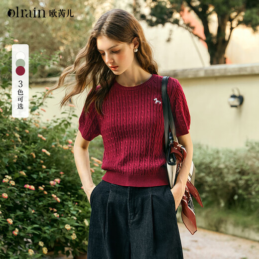 Olrain French short-sleeved T-shirt women's spring 2025 commuting round neck knitted pullover Ancora M