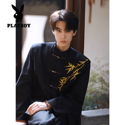 Playboy (PLAYBOY) New Chinese Style Adult Ceremony Suit Chinese Style Golden Bamboo Embroidery Mao Suit Men's Stand Collar Suit Jacket Engagement Golden Suit Golden Bamboo M (Suitable for 100-115 Jin Jin equals 0.5 kg)
