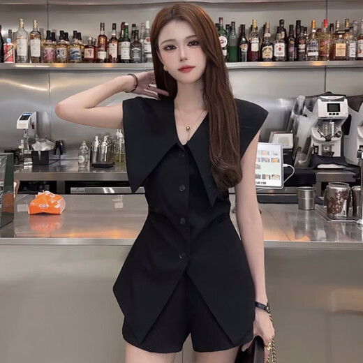 两件套时尚漂亮夏季设计感翻领显瘦气质外套高腰裙子套装女装1389 黑色两件套 M 【100-110斤】