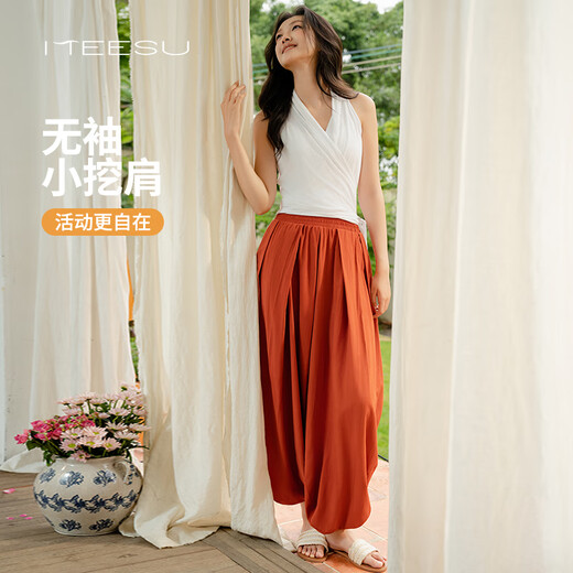 Meesu yoga blouse women's sleeveless summer casual sports light bloomers Chinese fashion Pilates meditation dance wear bamboo green + grass green two-piece set L