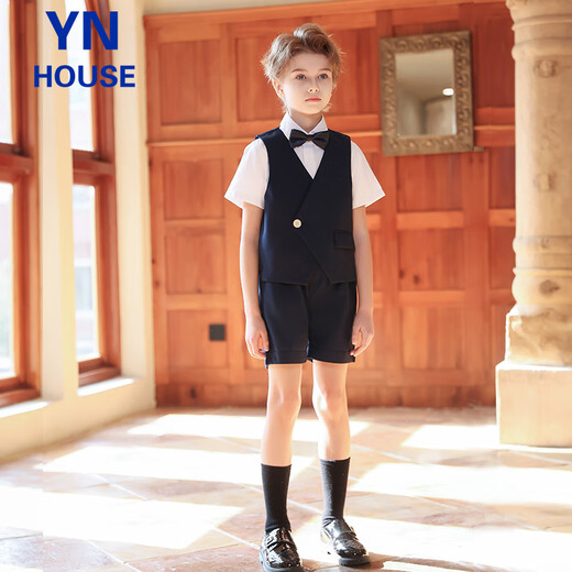 衣诺坊儿童西服套装夏款藏青色花童西服男孩钢琴演出主持人花童礼服西装