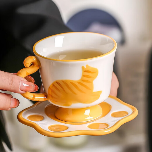 Qingbilin moves into a new home tea set ceramic cup kettle water set teapot afternoon tea wedding engagement gift for the newlyweds cat brown and white 5 pieces one pot two cups two saucers