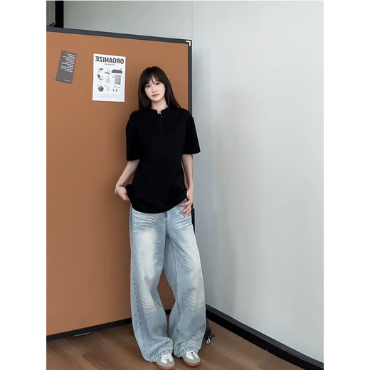 7 excellent products short-sleeved polo shirt for men summer new Henry collar American right shoulder t-shirt couple half-sleeved top men YZXS-T06 black 3XL