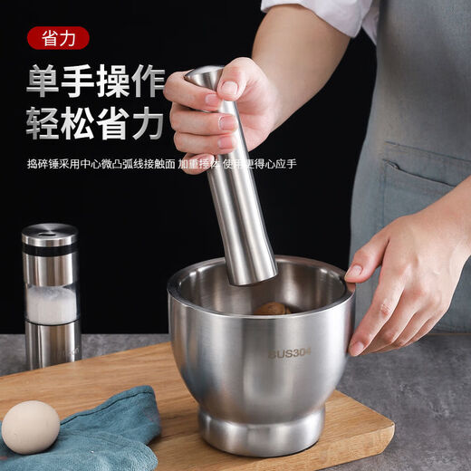 Enshousu 304 stainless steel garlic masher, masher, jar grinder, garlic masher, garlic masher, household large 10 cm drum-shaped masher, anti-spill lid with free spoon