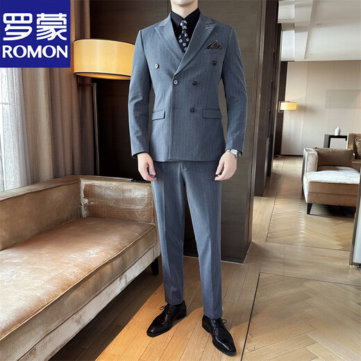 ROMON Fashionable and Versatile Double-breasted Formal Business Casual Men's Suit Striped Slim Groom and Groomsmen Clothing Mist Gray (Suit+Trousers) 2XL 54-33 (136-146Jin Jin equals 0.5kg)