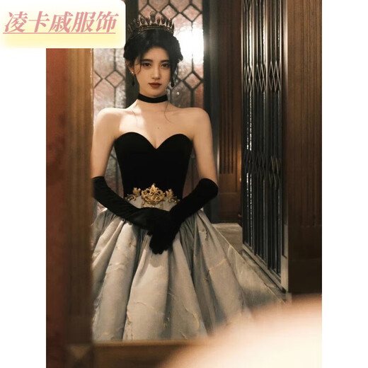 Lingka Qi French black evening dress Hepburn style high-end light luxury niche banquet adult dress skirt female toast dress black XS