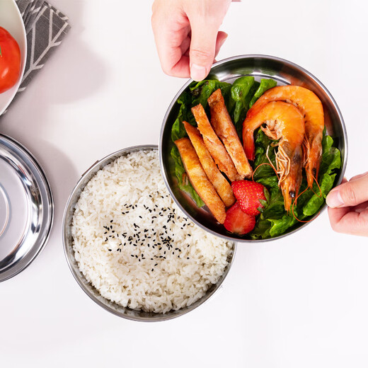 Enshousu stainless steel lunch box steamed rice bowl round thickened double-layer lunch box for students and adults in canteen extra small 12cm + vegetable grid