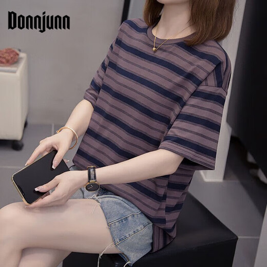 DONNJUNN胖mm休闲百搭遮肚子纯棉上衣女夏季加大码女装200斤显瘦短袖T恤女 9902粉色 M 80-95斤