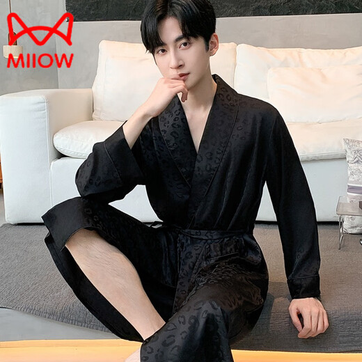 MiiOW Men's Nightgown Summer Ice Thin Feeling Mid-Length Bathrobe Pajamas Long Sleeve Large Size Black Dressing Robe Home Clothing Black Wide Men's Style-Qingguo Nightgown L (150-170Jin Jin equals 0.5kg)