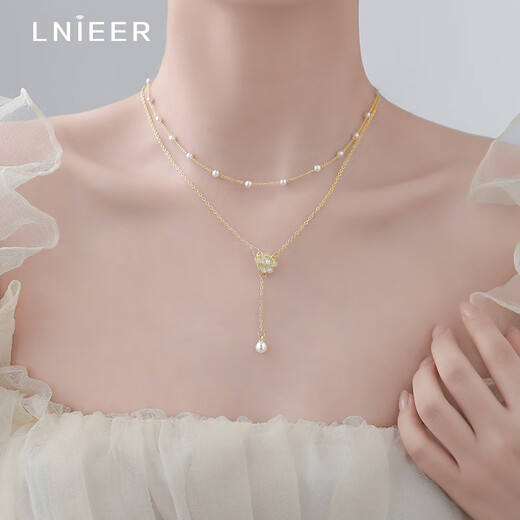 Lnieer Doppelschichtkamellien Halskette für Frauen Quasten Pendelleuchter leichter Luxus Perlen Colarbone Kette 2025 Neue Pulloverkette Doppelte Camellia Halskette