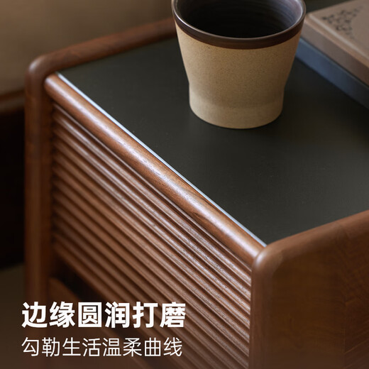 原始原素实木岩板床头柜北美黑胡桃木收纳柜卧室轻奢床边柜宽双抽M1023