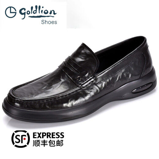 Goldlion Men's Shoes 2025 New Genuine Leather Business Casual Men's Leather Shoes Slip-On Cowhide Simple Comfortable Cushioning Loafers Black 40
