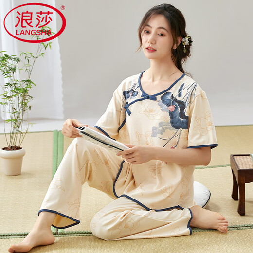 LangSha (LangSha) light luxury women's short-sleeved pajamas set summer thin trousers summer new Chinese style cotton home clothes can be worn outside LZY9905 M (75-95Jin[Jin equals 0.5 kg])