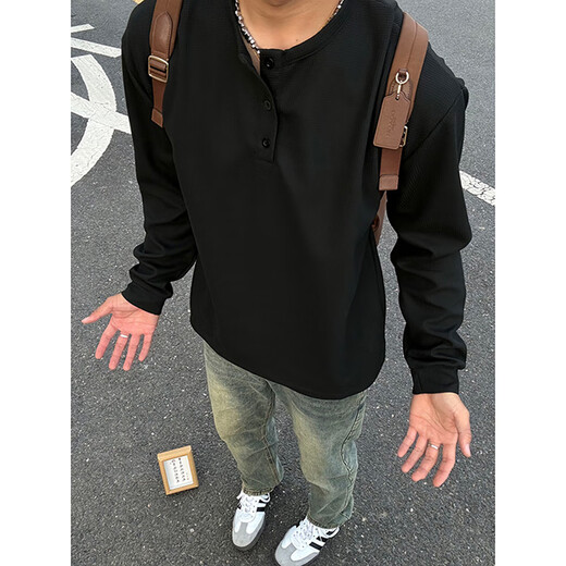 Pierre Cardin (pierre cardin) black American Henry collar sweatshirt men's summer waffle long-sleeved T-shirt is cool and handsome inner layering shirt black M 105-120Jin Jin is equal to 0.5 kg