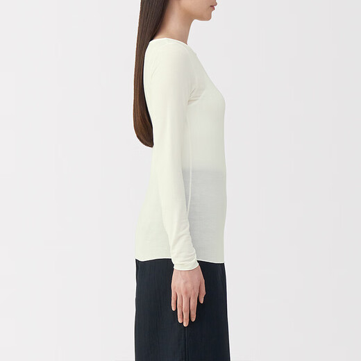 MUJI Women's Lightweight Round Neck Long Sleeve T-shirt Women's 25th Autumn Women's Basement FCD37A5A Off-White S (155/80A)
