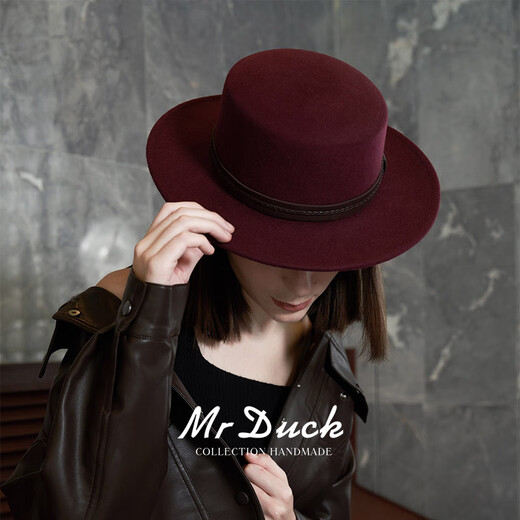 Mr DUCK new product, French style, imported full flat hat for women, retro calfskin webbing, flat-brimmed top hat for women, MW362171-enamel burgundy (wool style) M (55-56cm)