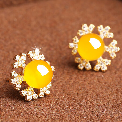 Shi Yue Jewelry Natural Amber Beeswax Earrings Earrings Single Bead S925 Silver Inlaid Accessories Women's Gift