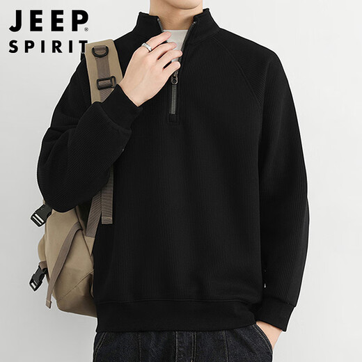 JEEP SPIRIT Jeep half-zip sweatshirt men's autumn and winter Korean style stand-up collar sweater men's trendy top olive green XL